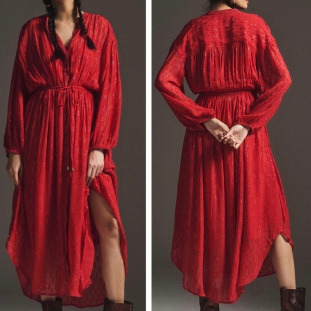 NWT Anthropologie Red Gold Shimmer Button Front Dress - Picture 7 of 9
